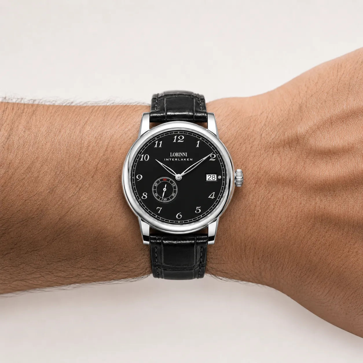 DALMONT Lobinni men's dress watch on the wrist, angled view