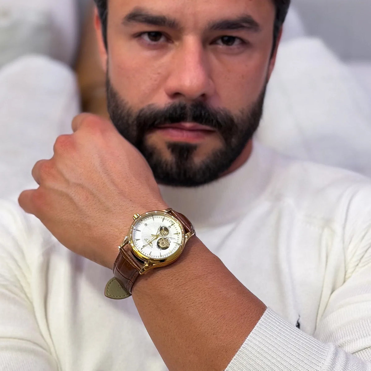 DALMONT Zenith gold automatic watch on the wrist, open-heart dial in view