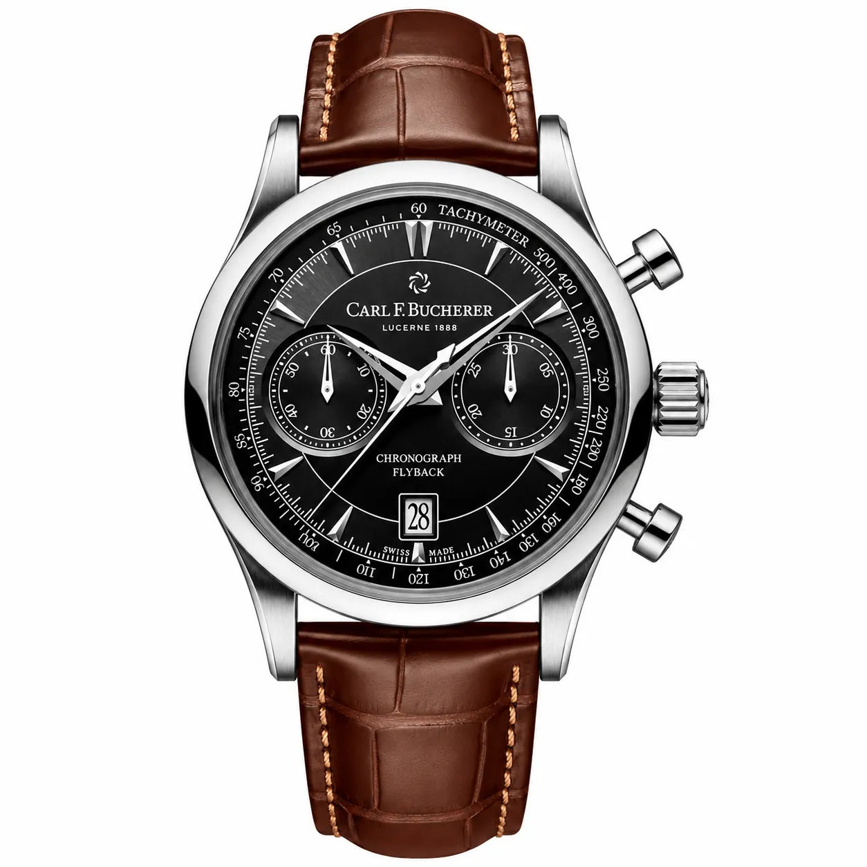 DALMONT FlyBack chronograph dial with Arabic numerals and subdials, close-up