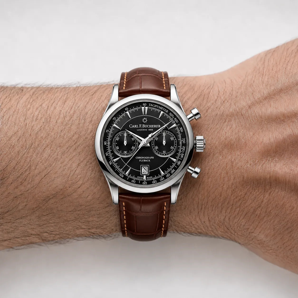 DALMONT FlyBack leather strap chronograph watch styled on a man's wrist