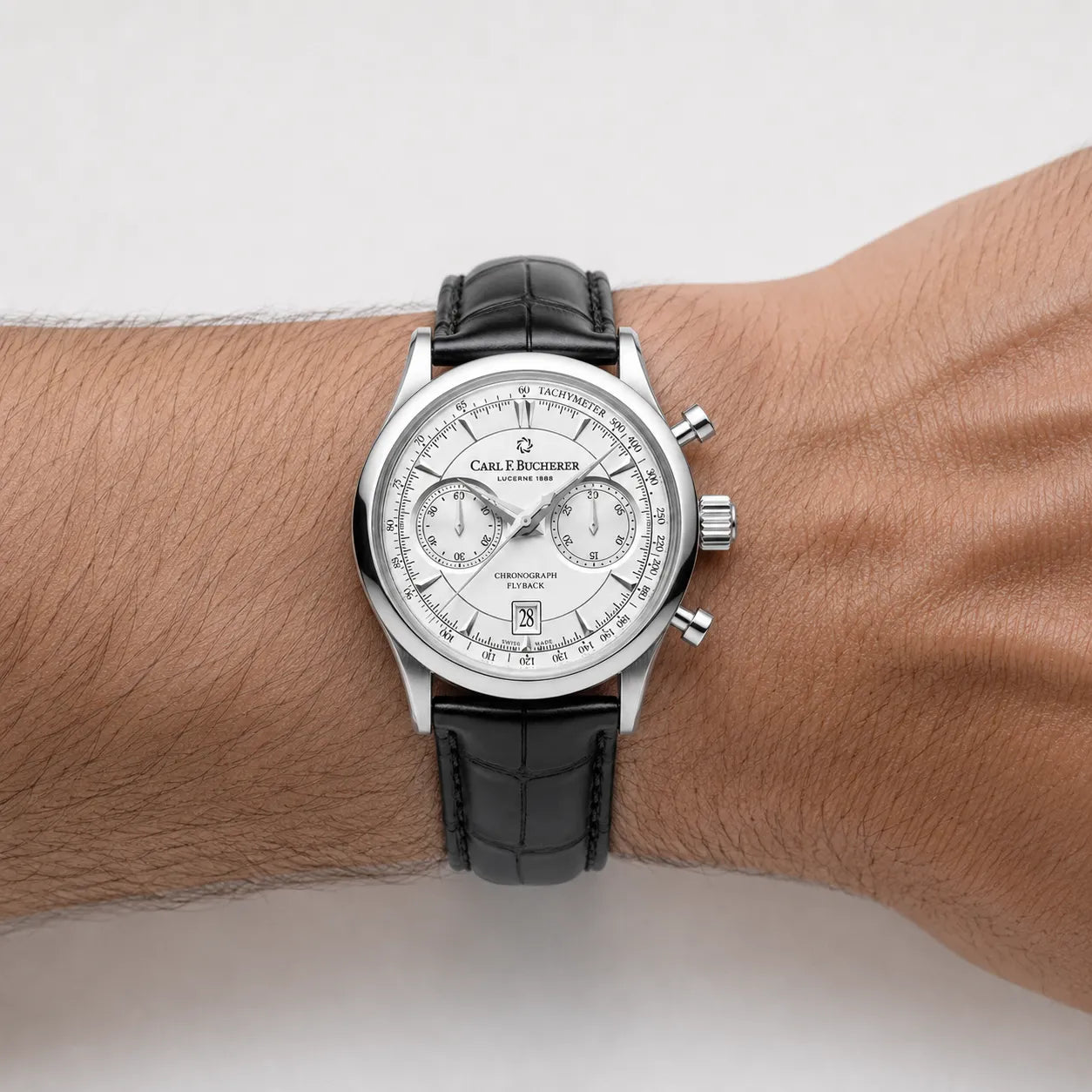 DALMONT FlyBack men's chronograph watch on the wrist, angled view