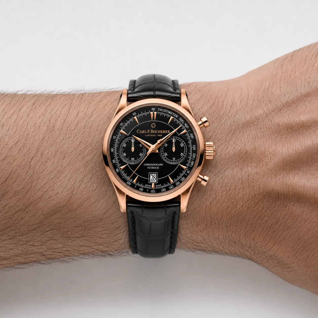 DALMONT FlyBack men's leather chronograph watch worn on the wrist