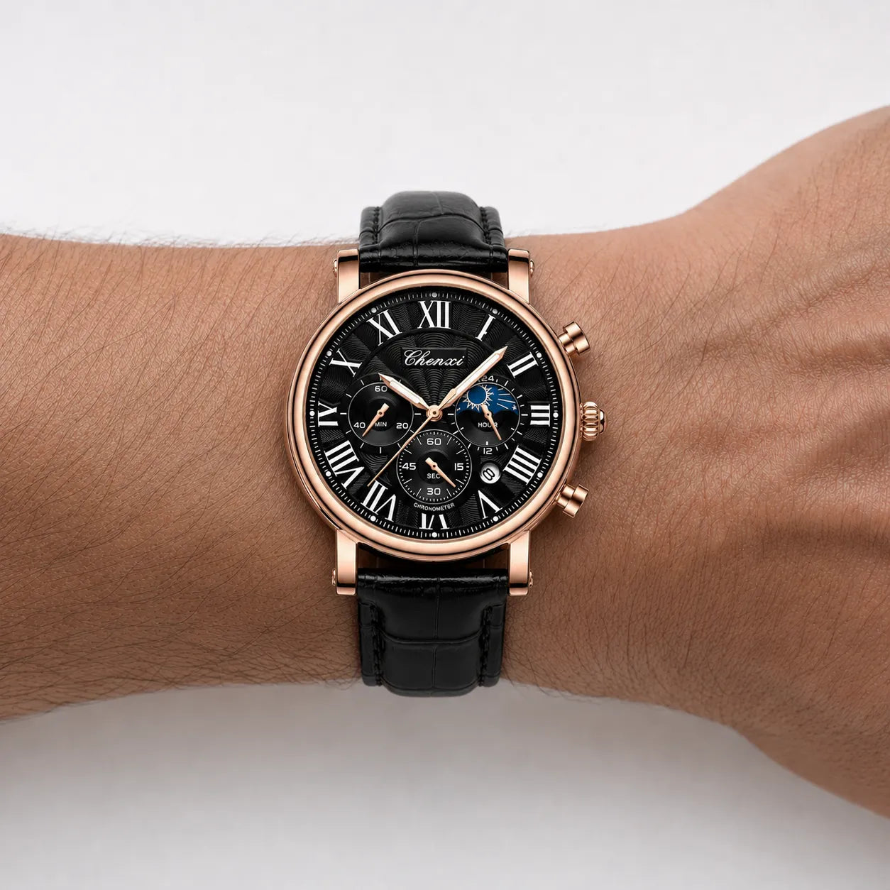 DALMONT Legacy men's chronograph watch on the wrist, angled view