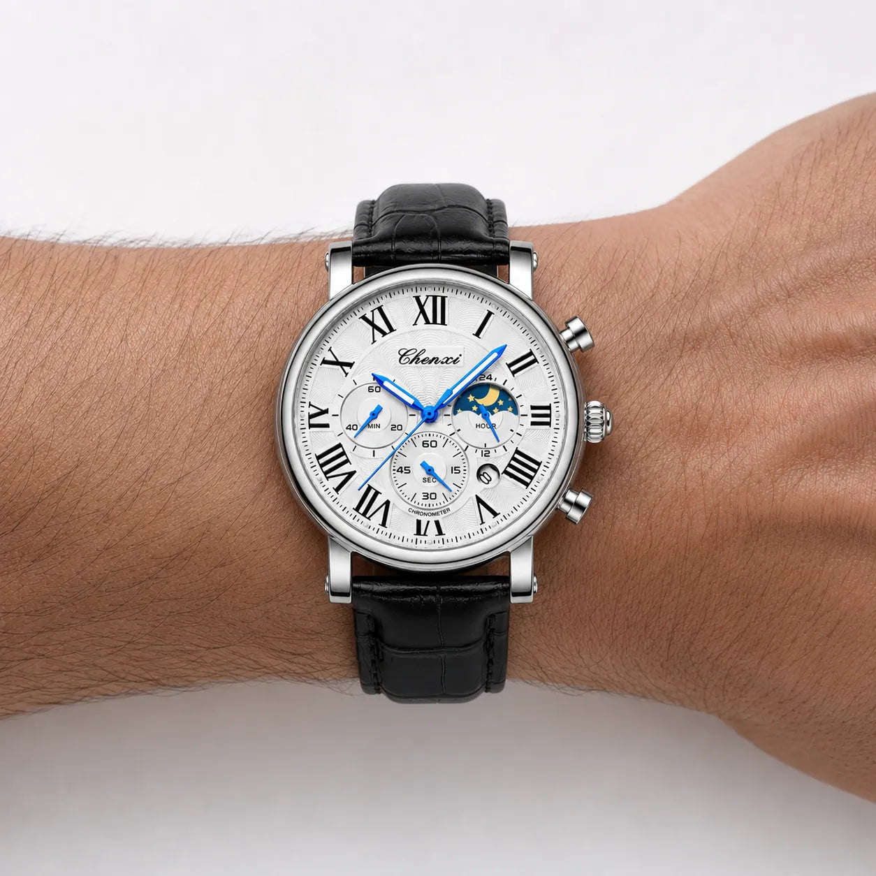 DALMONT Legacy leather strap chronograph watch styled on the wrist